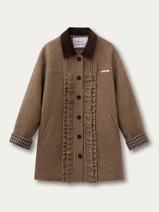 Brown Cuffs with Plaid Coat Sweet Details Ruched Houndstooth