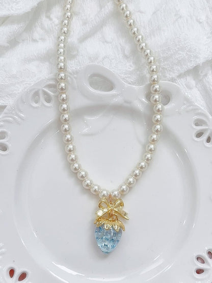 Sweet Necklace Charm Strawberry Beaded in Red/Pink/Blue/Transparent