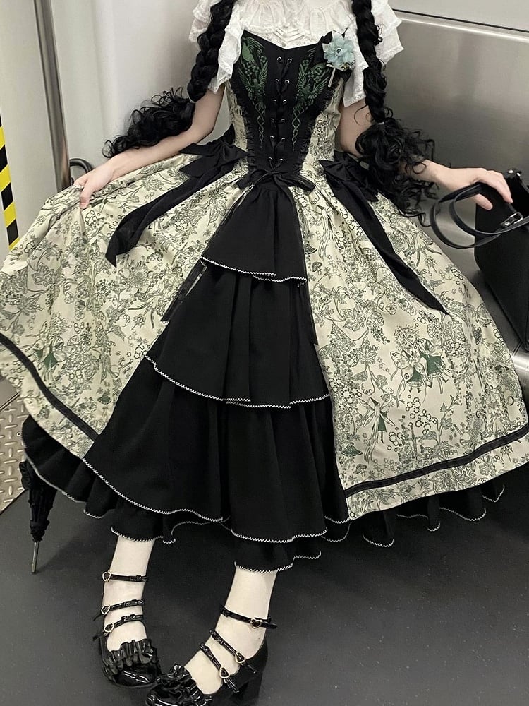Green Forest Elegant with Print Animals Dress Lolita Bodice and Corset