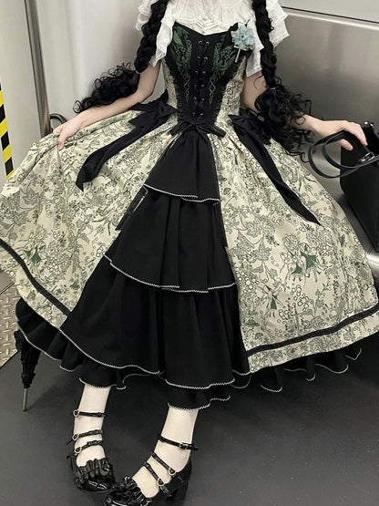 Green Forest Elegant with Print Animals Dress Lolita Bodice and Corset