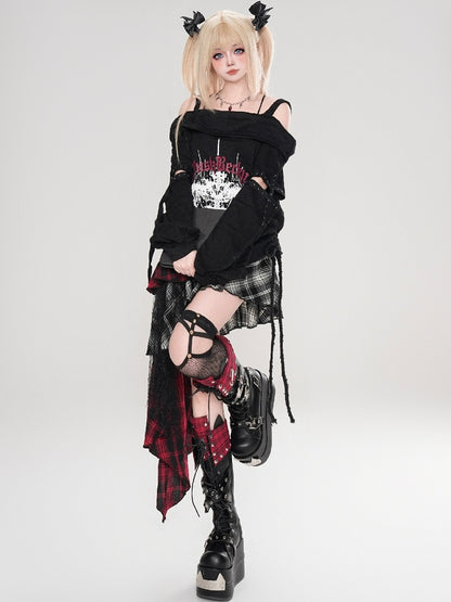 Y2K ブラック/ホワイト クロスプリント カットアウトディテール オフショルダー ネックライン パンクトップ