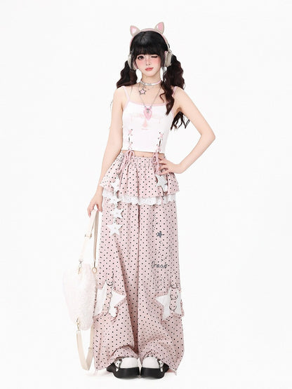 Sweet Cool Style Pink Polka Dot Straight Leg Pants with Skirt Overlay & Star Patches - CRAZY GIRL