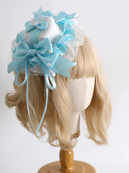 Accent Design Mini - Bow Satin Blue Pearl Lake White Hat Lolita Light