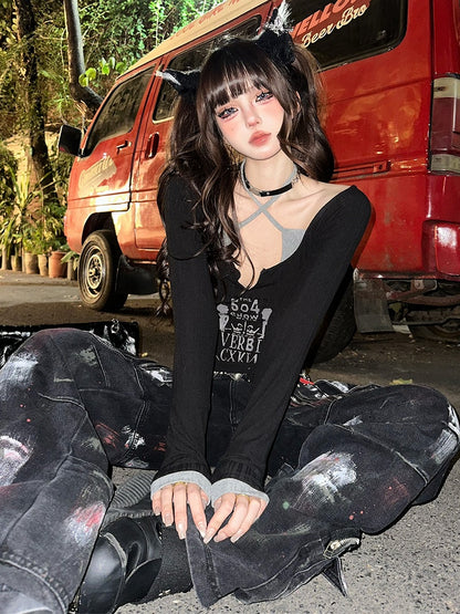 Zweiteiliges Neckholder-Top mit Fake-Letters in Apricot/Schwarz