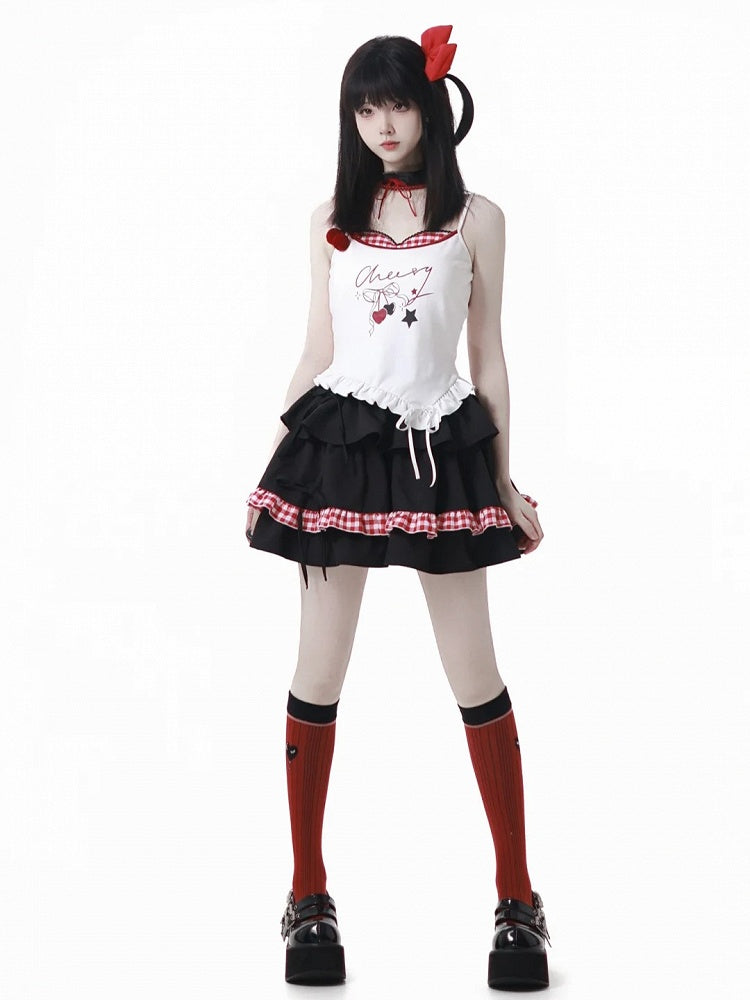 Black Skirt Hem Red Ruffled Plaid with Tiered
