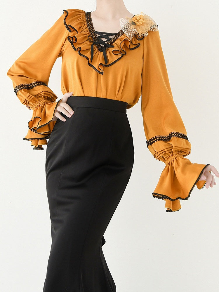 Pumpkin Orange Lace-up Structured Ruffles V-neck Long-Sleeve Blouse