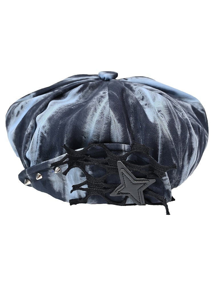 Grunge Punk Rock Star Nieten Blau und Schwarz Tie Dye Baskenmütze