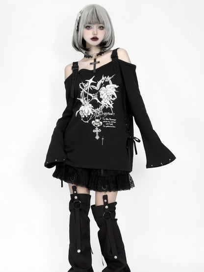 Studded Print Angel with Top Off-Shoulder Black Sleeves