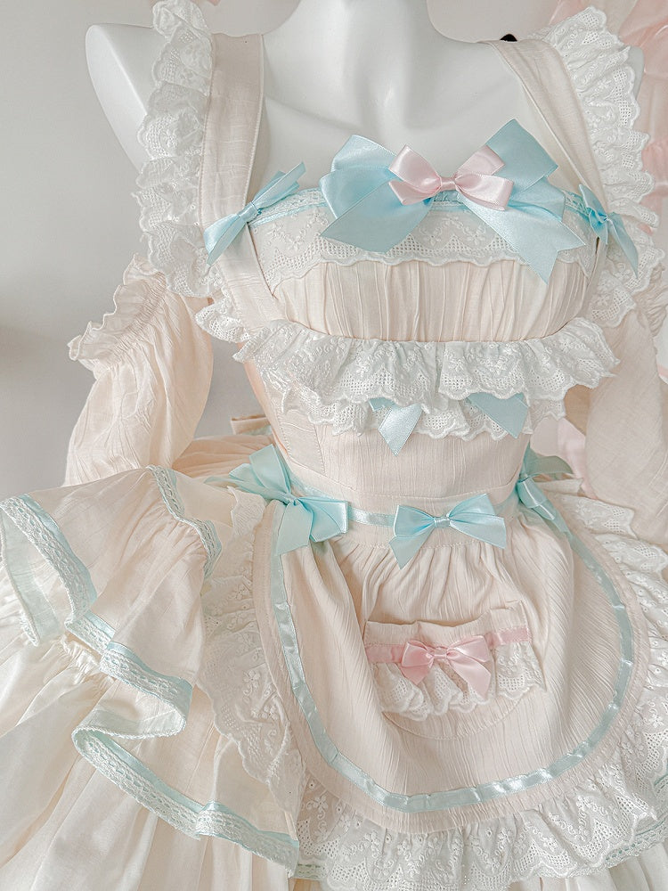 ピンクとミントグリーンのスイートメイドエプロン＋バスクウエストティアードフリルヘムストラップレスパフィードレス