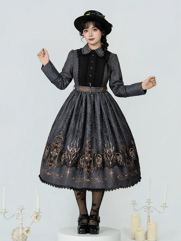 Dress Wings Lolita Collar Long Gothic with Peter Gray Bat Candelabras Sleeves Print Pan