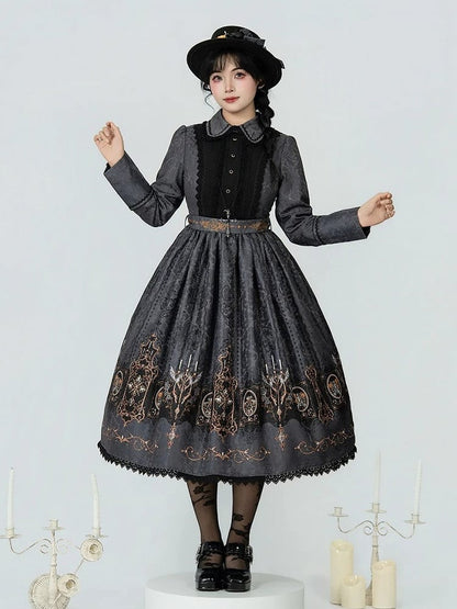 Dress Wings Lolita Collar Long Gothic with Peter Gray Bat Candelabras Sleeves Print Pan