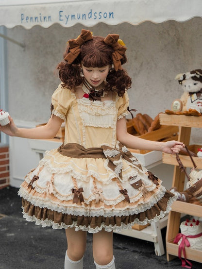 Details Yellow Waist Dropped Layered Hem Bowknot Lolita Dress Sweet