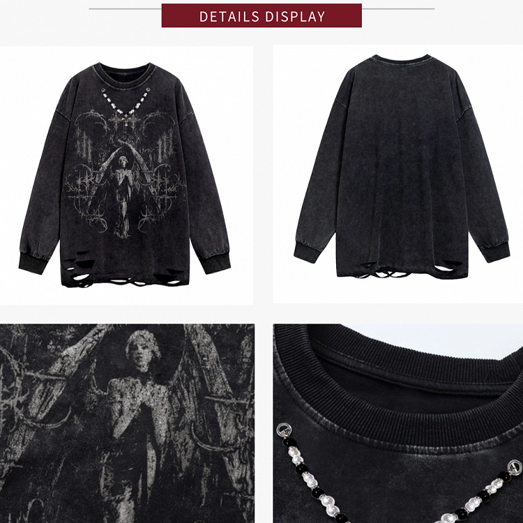 Bead Black/White Distressed Long Sleeve Sweatshirt with Detachable Chain