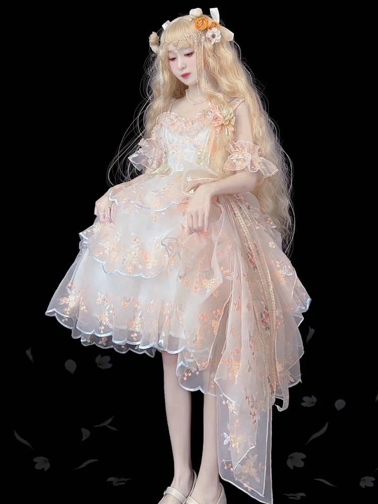White Elegant JSK Apricot Floral Lolita Painting-Inspired Hanayome-Style Short Embroidered Oil Dress