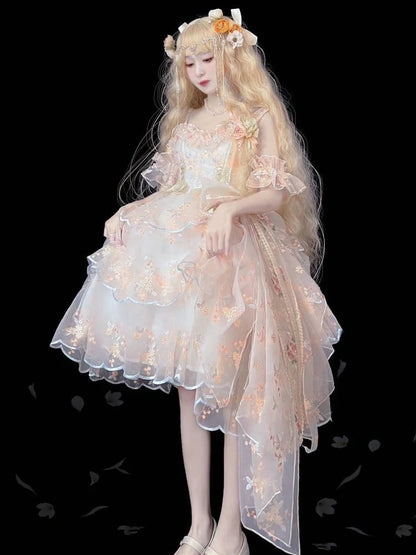White Elegant JSK Apricot Floral Lolita Painting-Inspired Hanayome-Style Short Embroidered Oil Dress
