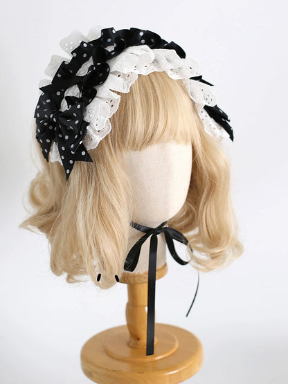 Design - Polka Ruffled Bow White Hairband Lace Black Dot Lolita