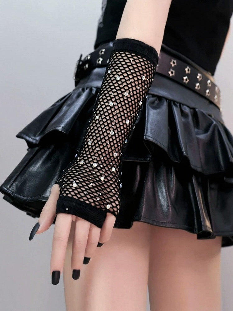 Punk Black Fishnet Gloves with Rhinestone Accents - Mr. Cat