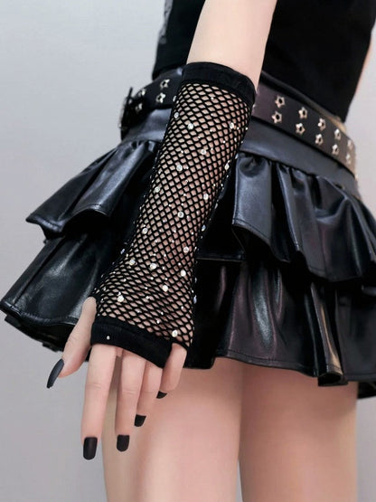 Punk Black Fishnet Gloves with Rhinestone Accents - Mr. Cat
