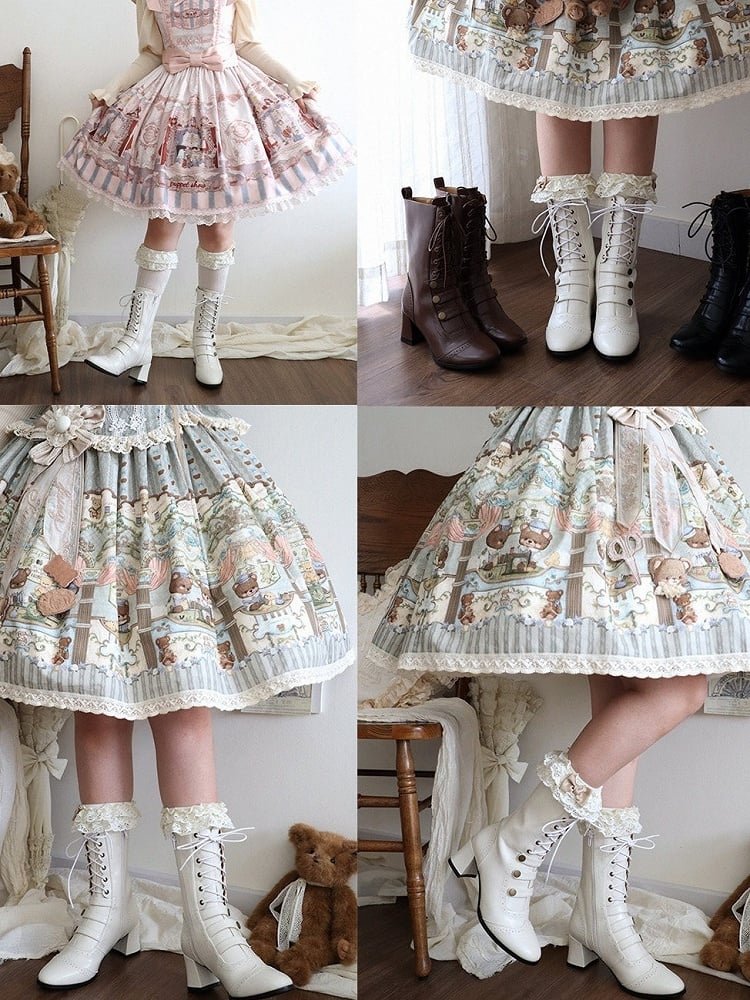 Beige Retro Lolita Boots Lace Up Buckle Accents Fall Style - MODO