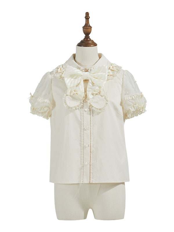 ベージュの取り外し可能な蝶結びネックラインビーズショートパフスリーブブラウス