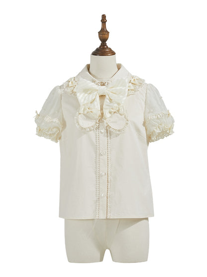 ベージュの取り外し可能な蝶結びネックラインビーズショートパフスリーブブラウス