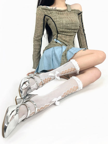 and Calf Bowknots Cut-out Fishnet Socks Ruffles with White/Black