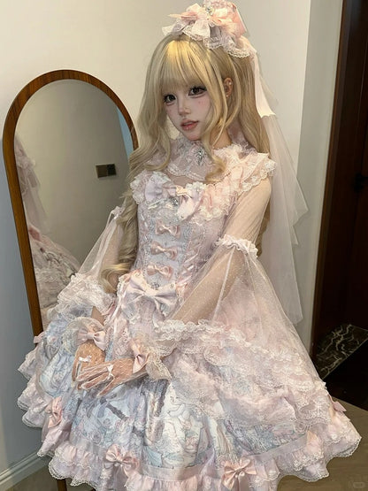 Sweet Pink Bowknot Hem Bear JSK Angel Dress with Decorated Print Lolita