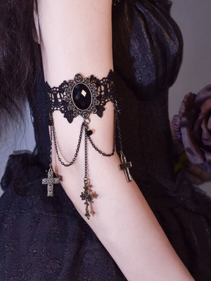 Gothic Rhinestone Lace Arm Cuff with Cross Motif - Mr. Cat