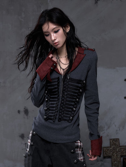 Black Knit with Suede Gray Vintage Punk Red Epaulets Knight Top Braid