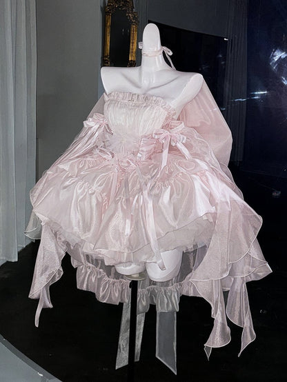 Hellrosa Blumenkleid mit Feenprinzessin-Taille und Puffärmeln