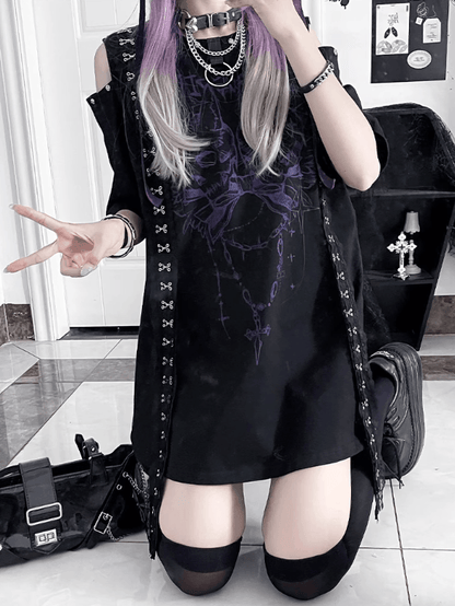 Cutout Punk T-shirt Shoulder Design Emo BlackPurple