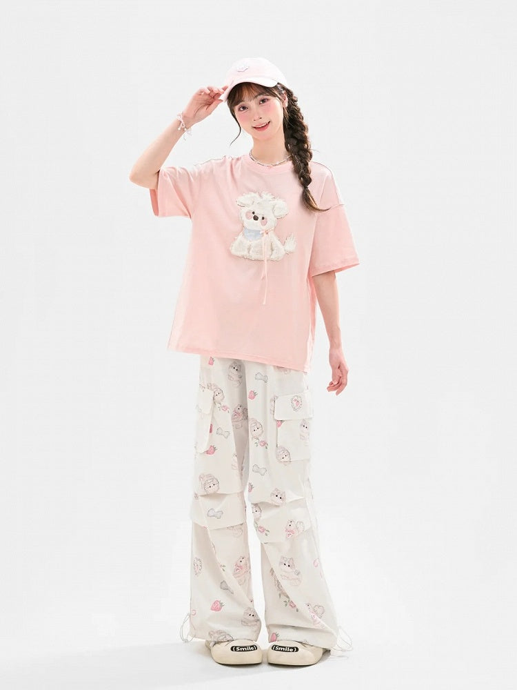 かわいいブルー/ピンクのぬいぐるみの子犬のアップリケTシャツ 夢