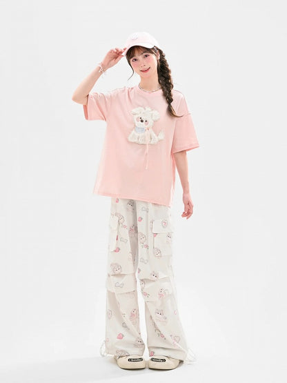 かわいいブルー/ピンクのぬいぐるみの子犬のアップリケTシャツ 夢