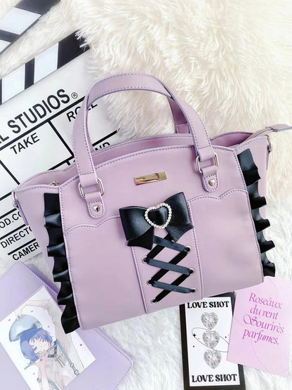 3 Colors Sweet Transparent Window Handbag with Bowknot & Ruffled Trim - Vigorous Girl