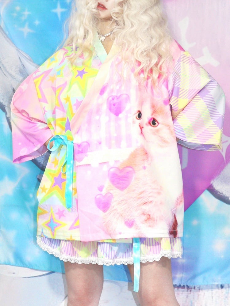 Colorful And Print Sun Protection Y2K Heart Pattern Cat Top Star Plaid