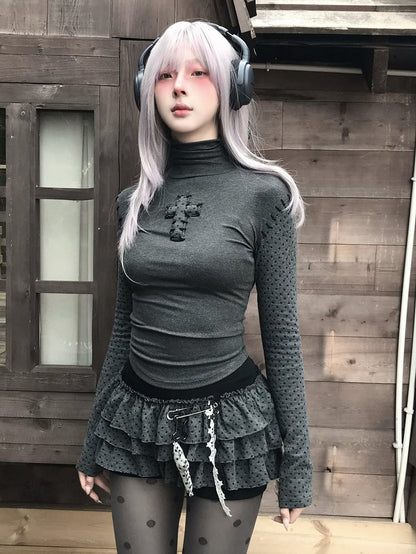 Black Tiered Dot Ruffles Pull-On Grey Polka - Design Skort