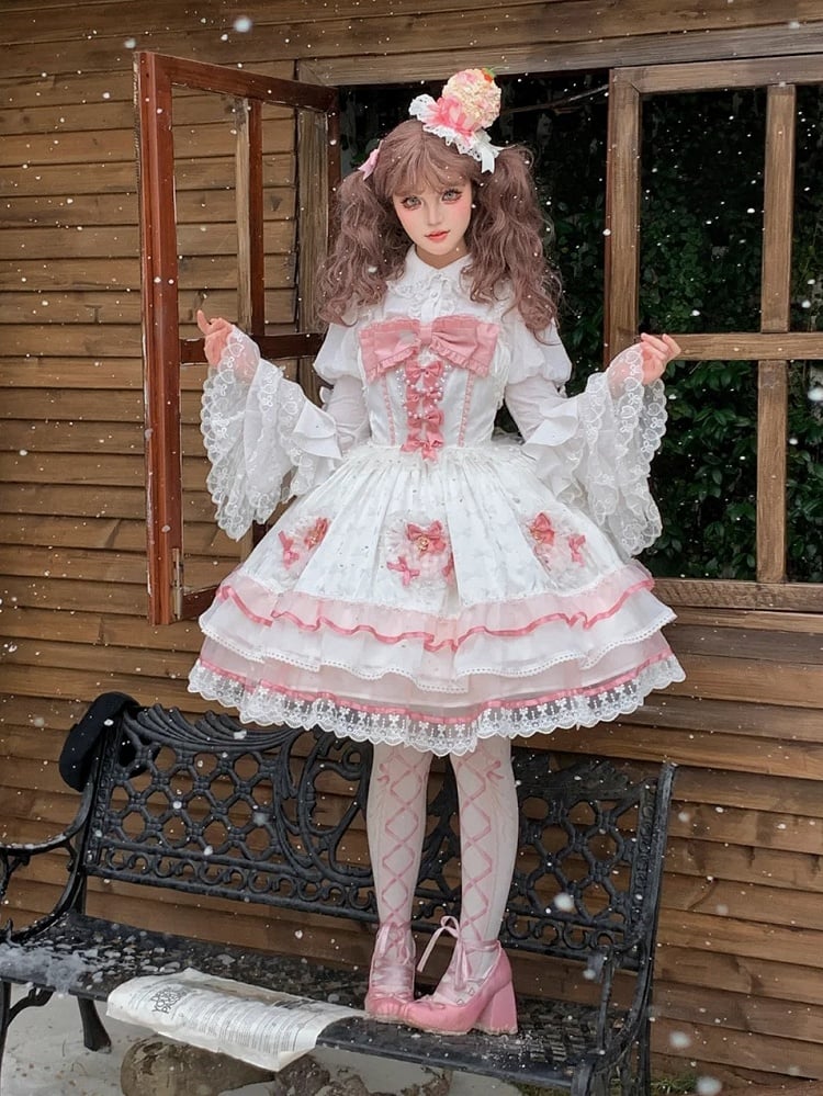 White and Pink Bowknot Details Tiered Skirt Sweet Lolita Dress Jumper Skirt
