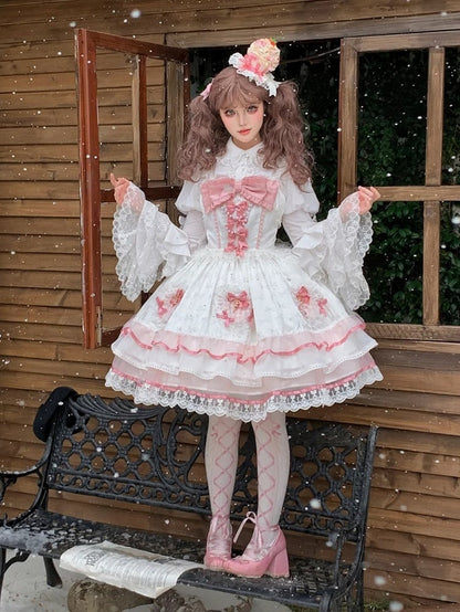 White and Pink Bowknot Details Tiered Skirt Sweet Lolita Dress Jumper Skirt