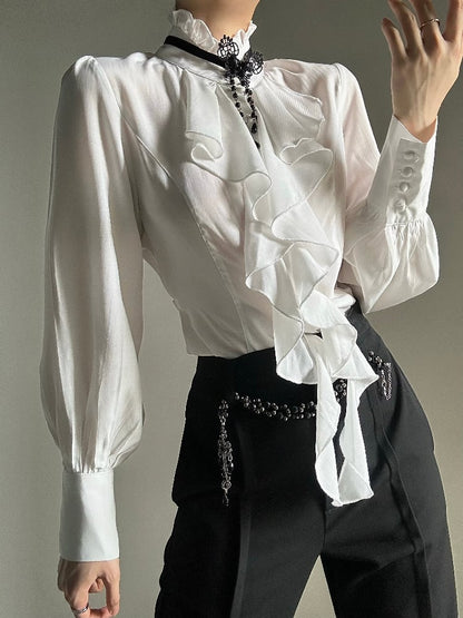 Ouji Lolita Vintage White Bishop Sleeve Shirt with Cascading Ruffle Placket & Detachable Lace Necklace