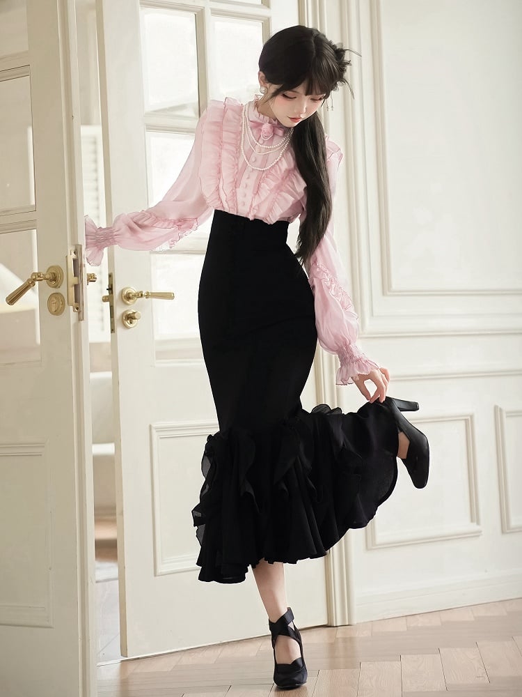 Pink Long Sleeve Blouse & Black Mermaid Skirt Boned Waist Lolita Dress - With PUJI