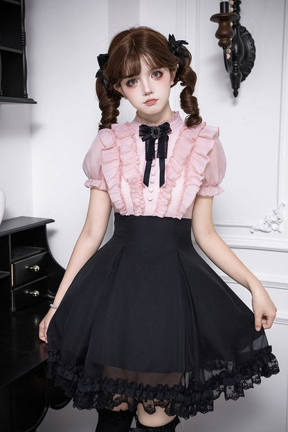 Pink Ruffled Blouse & Black Short Skirt Fake Two Pieces Lolita Dress - With PUJI