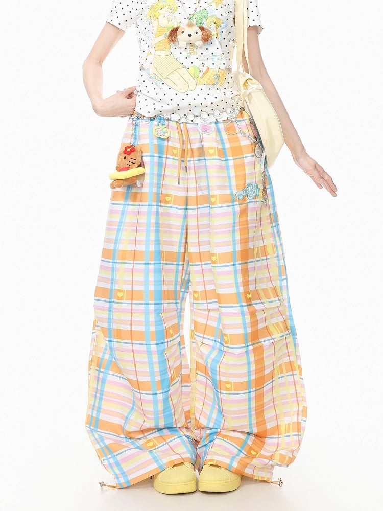 Orange Plaid Wide-Leg Pants with Embroidery - Languid Park