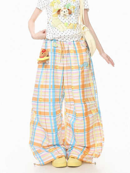 Orange Plaid Wide-Leg Pants with Embroidery - Languid Park