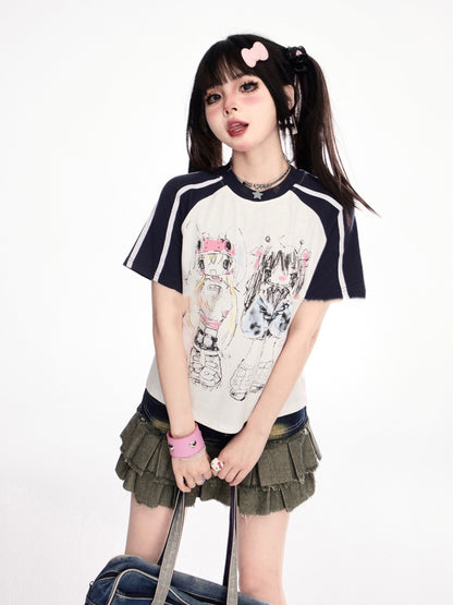 黒と白のデザインカラーブロックプリントTシャツアニメグラフィティ