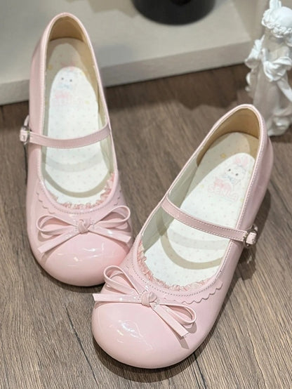 Schleifenbesatz Pink Jane Round - Geknotete Spitzenschuhe Süße Lolita-Mary-Schuhe mit niedrigem Absatz