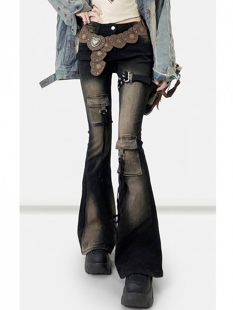 ダメージ加工のフレアブラックジーンズデザインシルエットビタースウィート