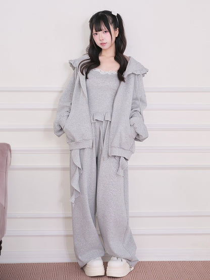 Gray Straight-Leg Pants with Rhinestone Embellishment - No Genki