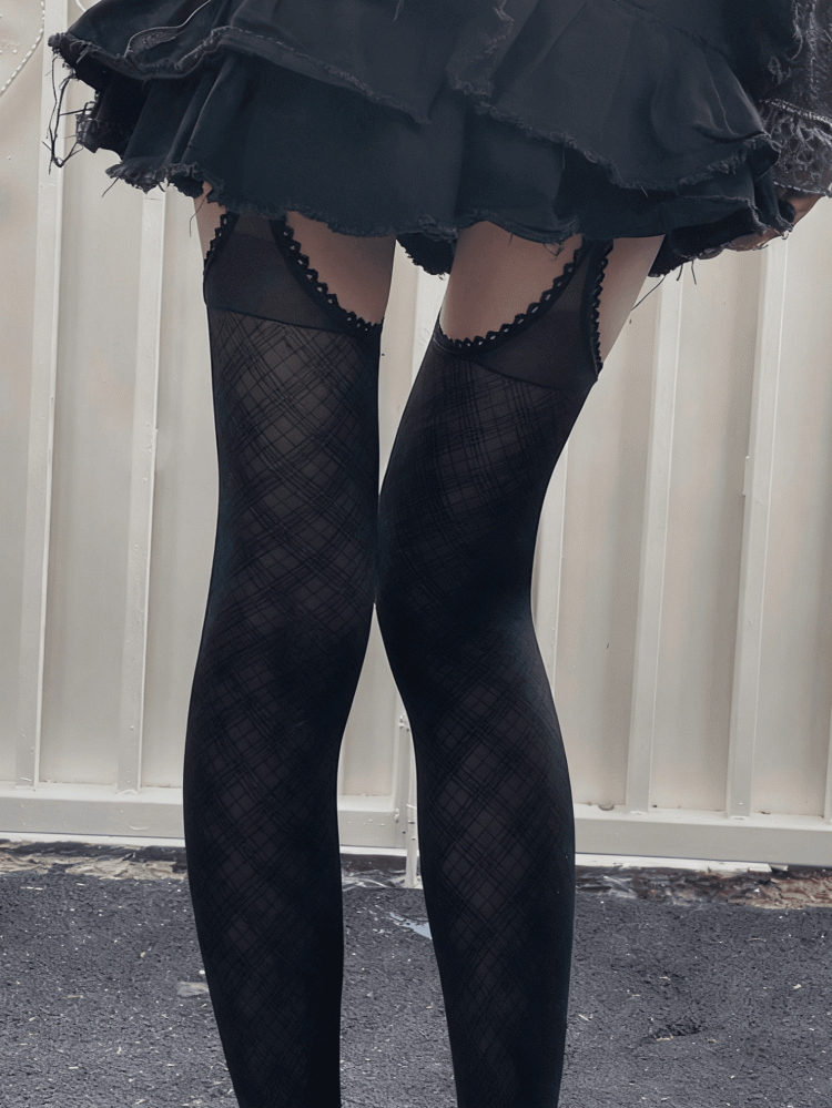 Pattern Black Tights Plaid Trim Lace Suspender