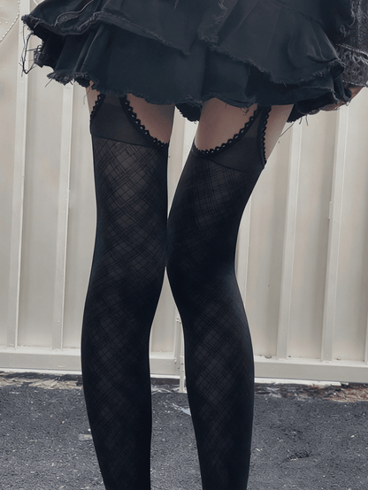 Pattern Black Tights Plaid Trim Lace Suspender