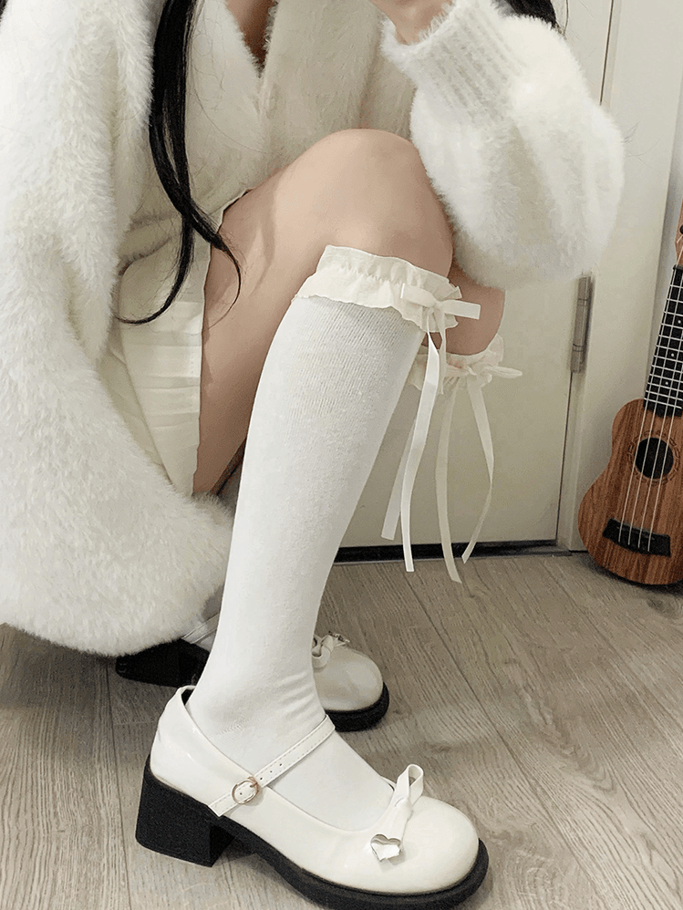 Milk White/Black Sweet Lolita Lace Trim Underknee Stockings